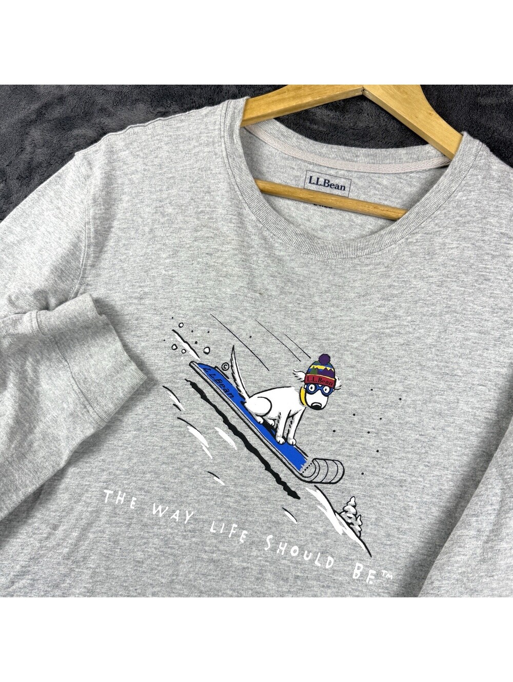 L.L.Bean Men LR Grey Long Sleeve Ski Dog Graphic T-Shirt Outdoor Lifestyle Camp